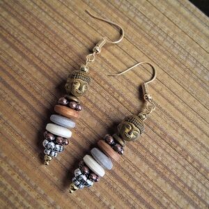 Hand Crafted Buddha Earrings Titanium Hematite Copper Wood Dangle 2.5" Long